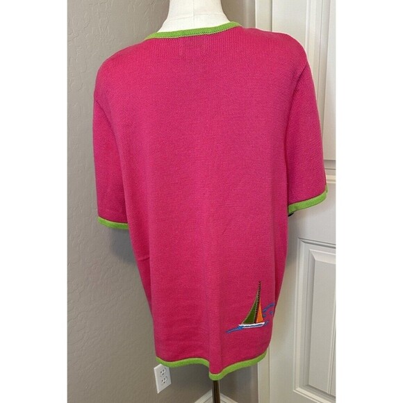 Breckenridge Womens Petite Cardigan Sweater Embellished Sailboats Tropical XL - Picture 2 of 10